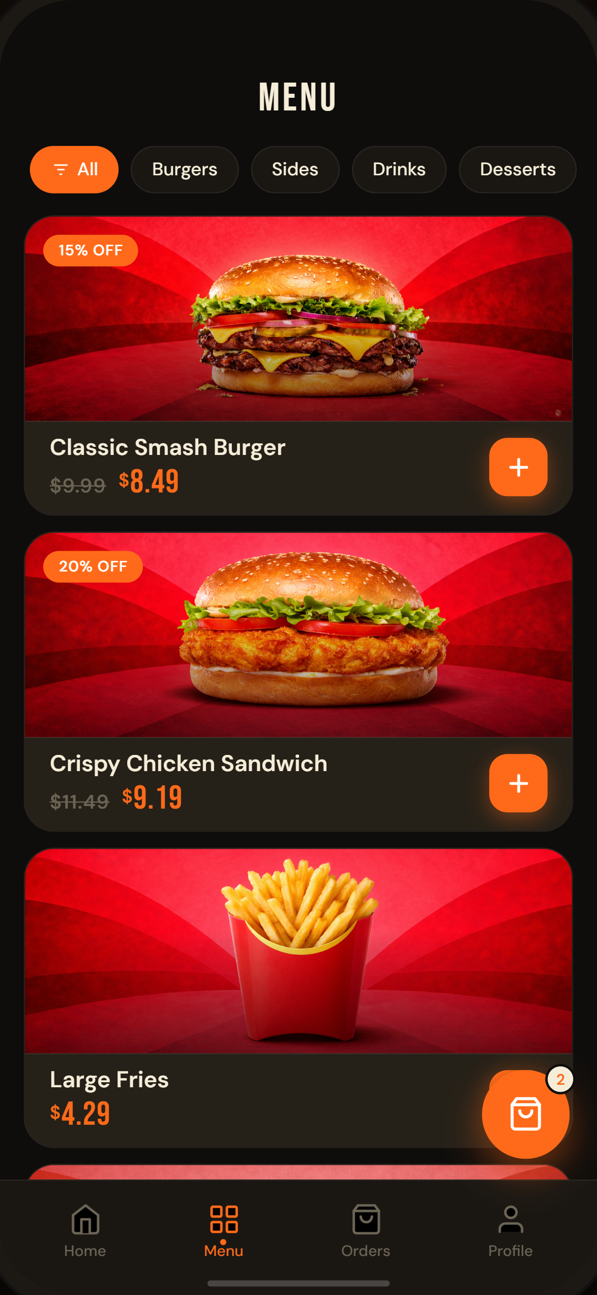 Food app menu screen